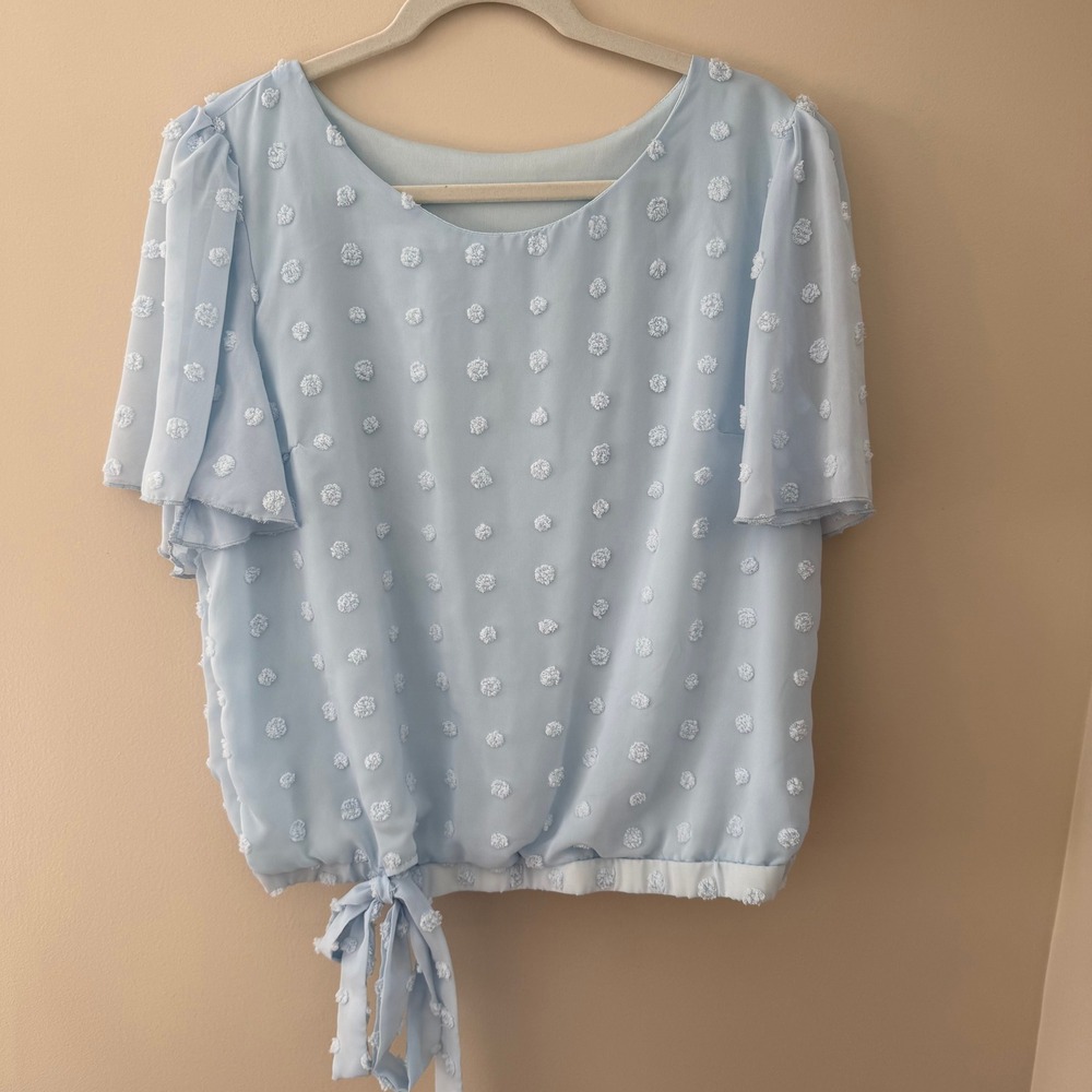 SHEIN‎ Baby Blue Swiss Dot Tie Front Flutter Sleeve Blouse Top XXL